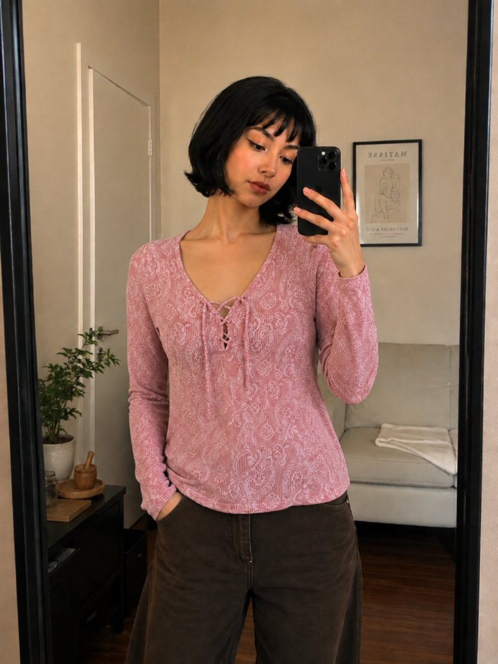 BKE Pink Printed Lace-Up Lightweight Long Sleeve V-Neck Top Size Medium